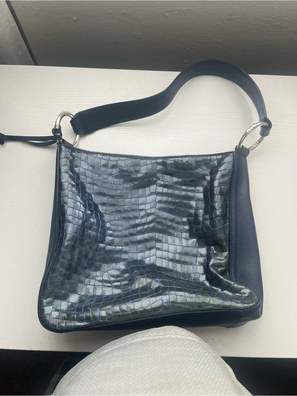 Brighton Navy Croc-Embossed Shoulder Bag